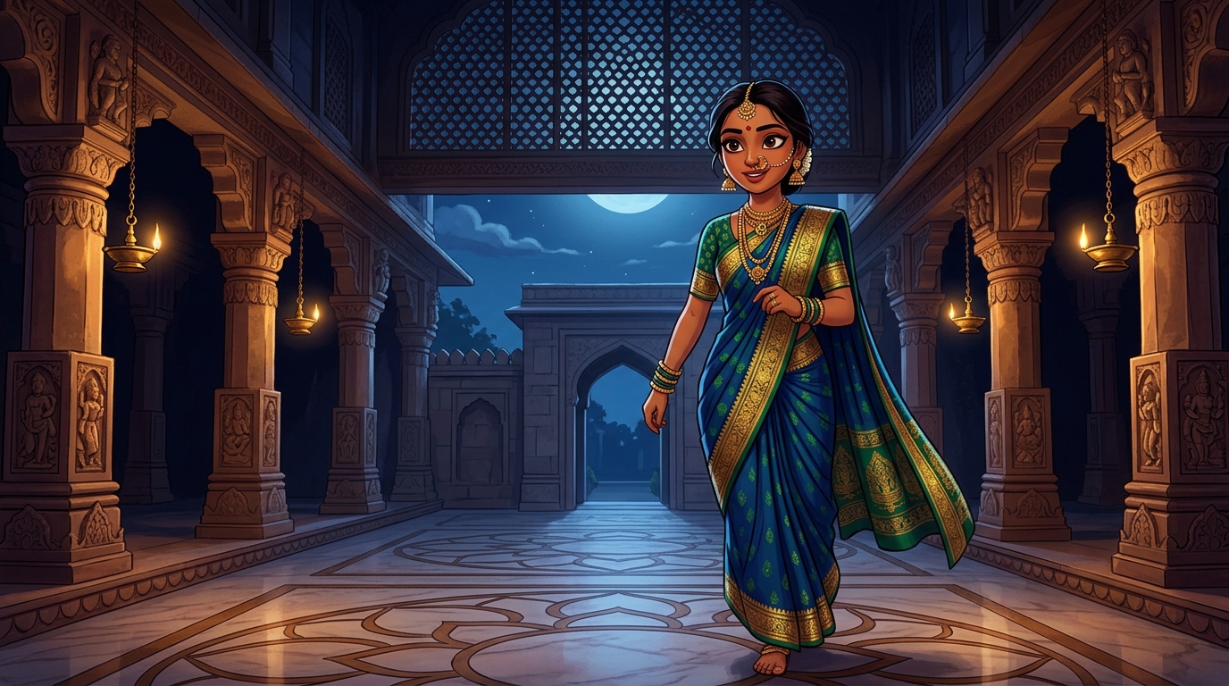 Prabhavati stepping toward the courtyard gate with swift, eager steps under the moonlit sky