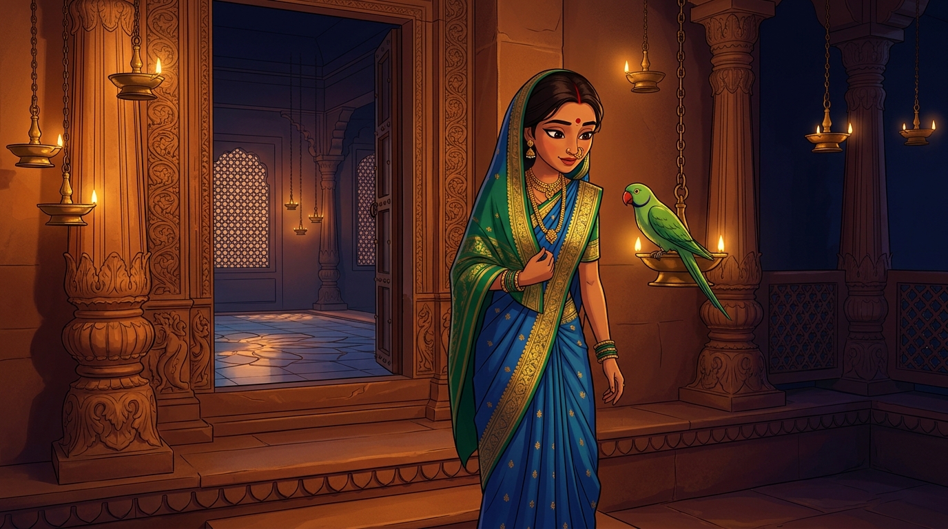 Prabhavati pausing on the doorstep with an amused smile