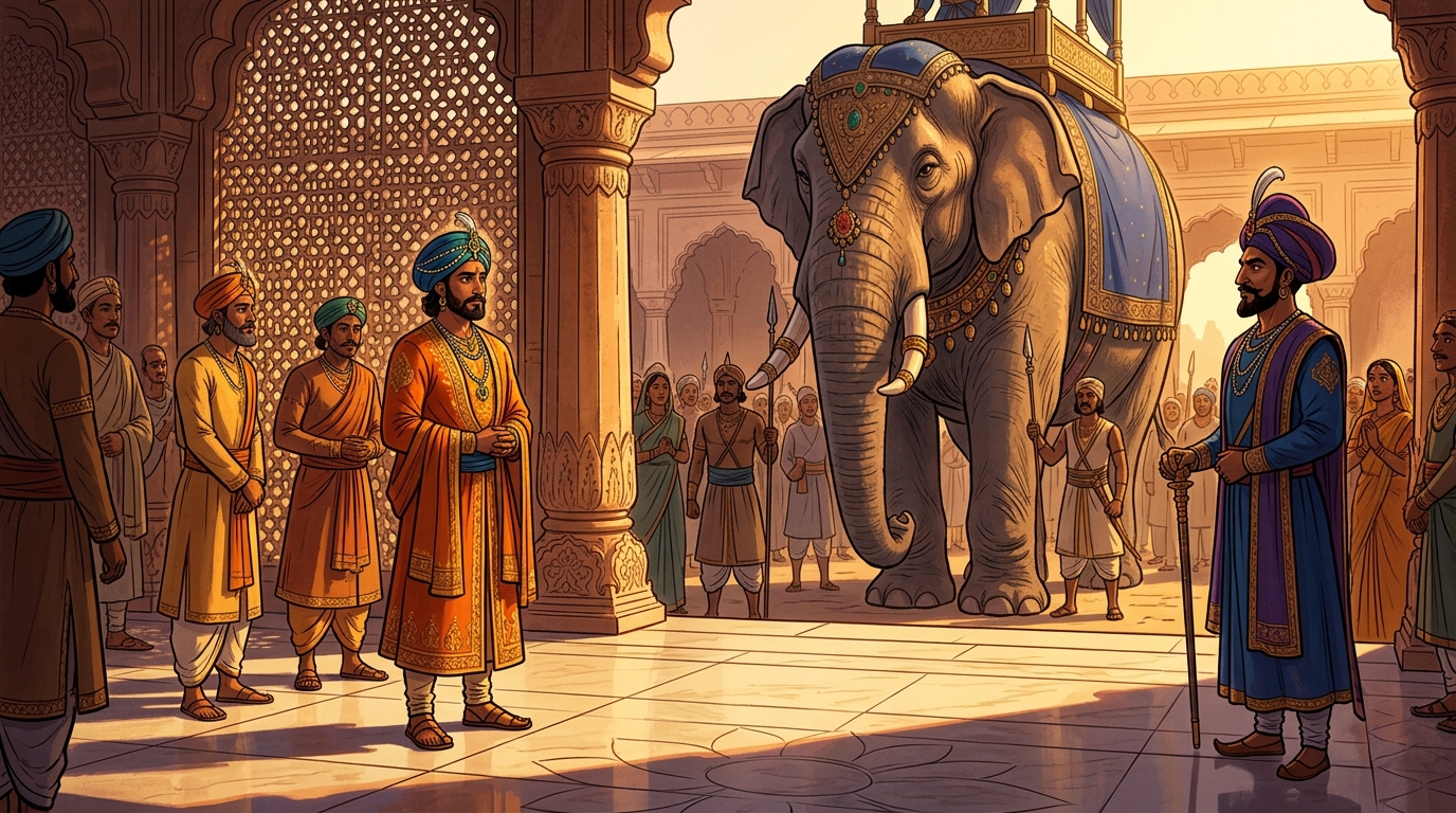 In the grand imperial courtyard, a foreign emperor challenges King Yashodharma with a five-ton elephant