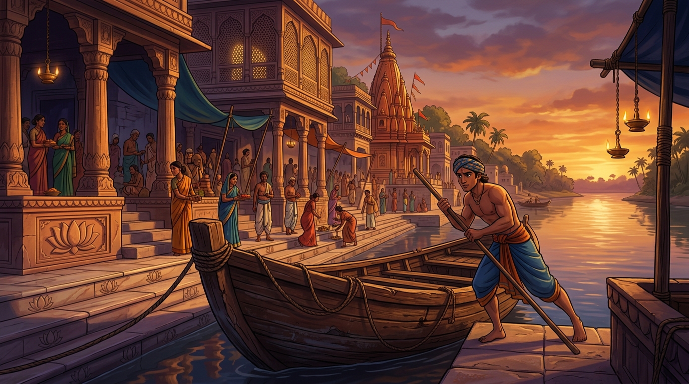 At the calm river ghat, Gopalaka brings a large empty wooden cargo boat moored at the pier