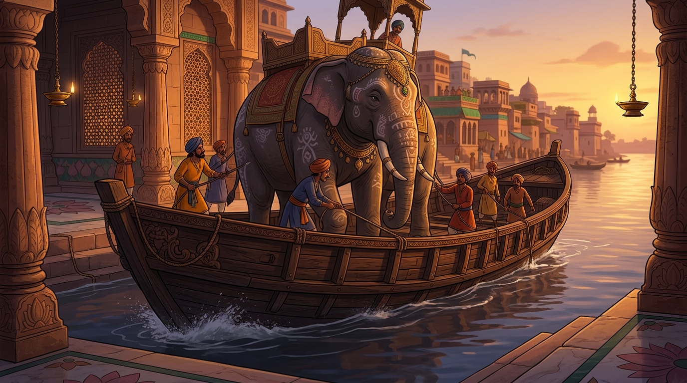 Handlers walk the colossal war elephant Airavata onto the boat; the heavy boat sinks deep