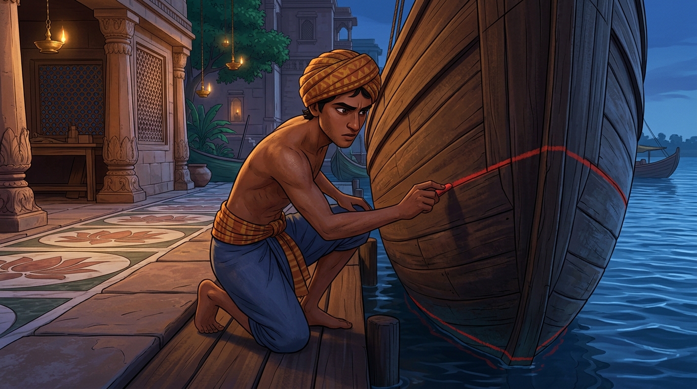 Gopalaka draws a bold red chalk line along the hull at the exact water level