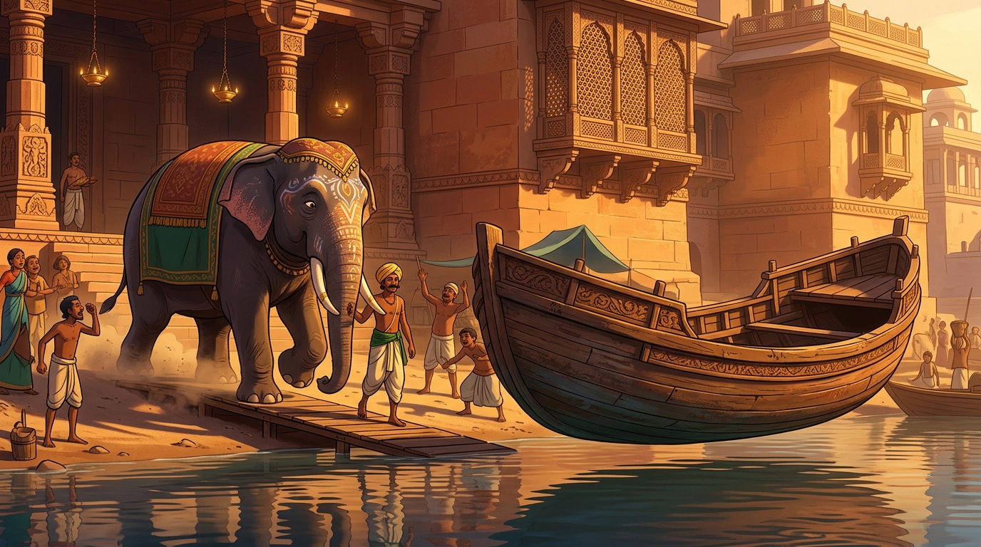 The elephant is walked off the boat; the empty boat rises high above the water