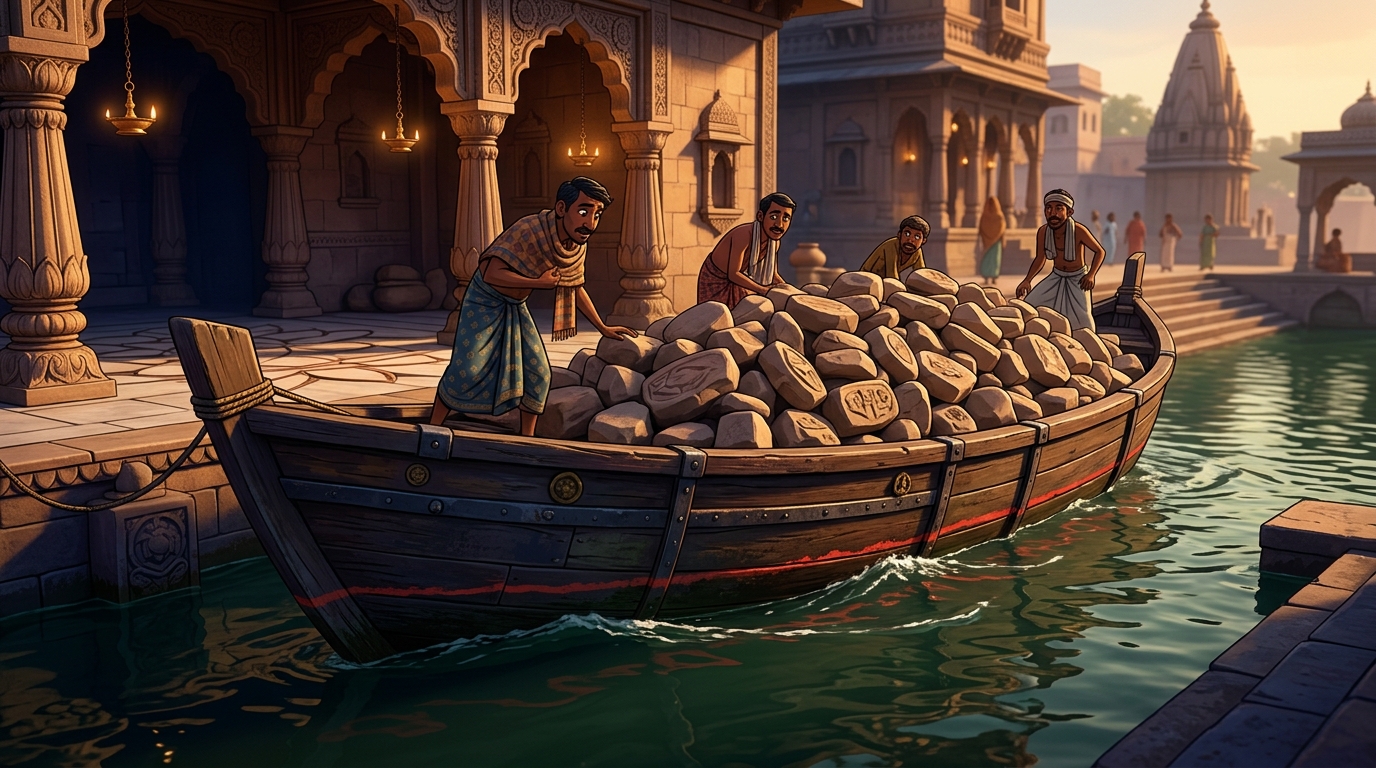 As stones fill the boat, the hull sinks back down until reaching the exact red chalk line