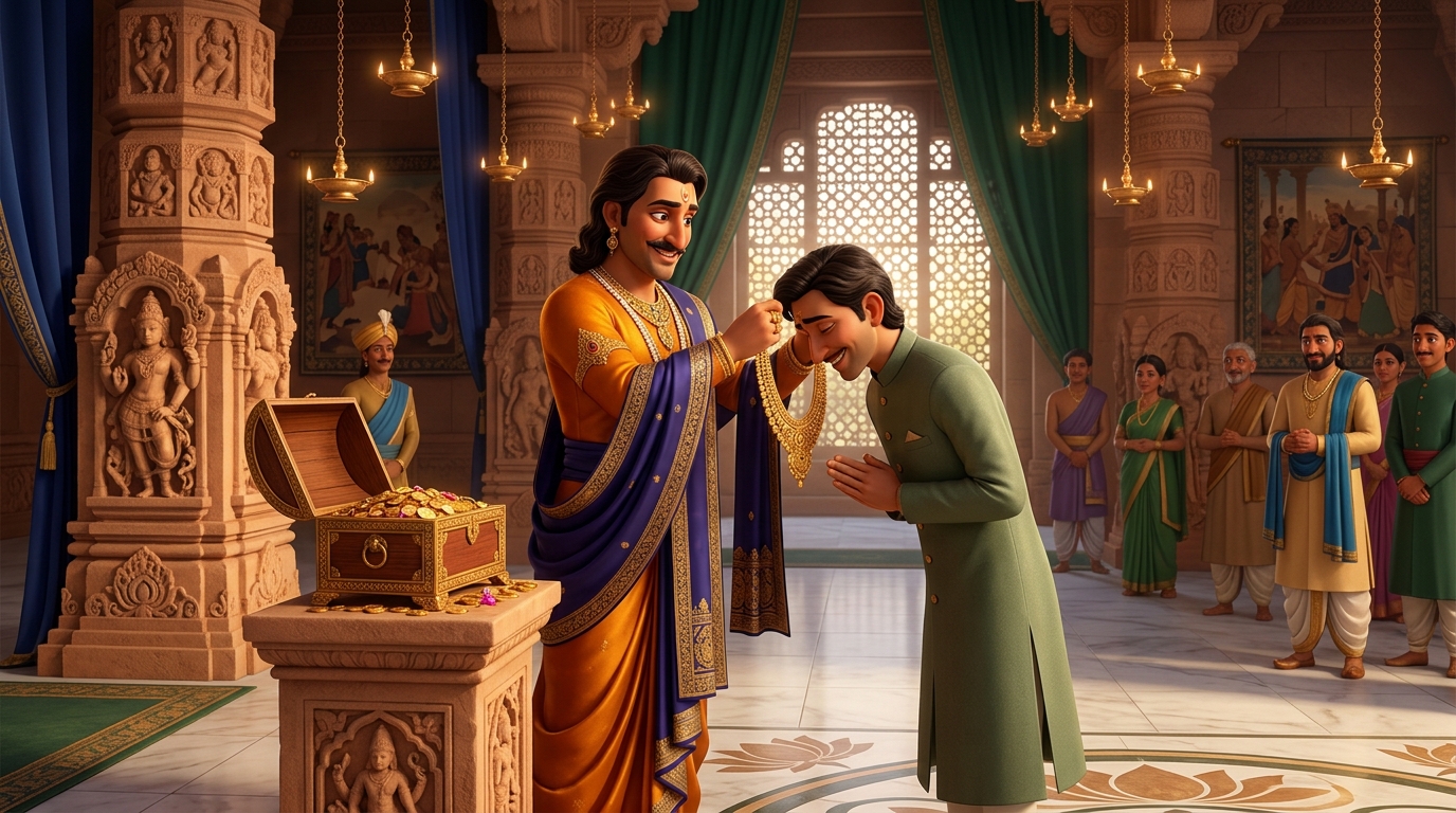 King awards Gopalaka a golden necklace, naming him Chief Counselor of Strategic Science