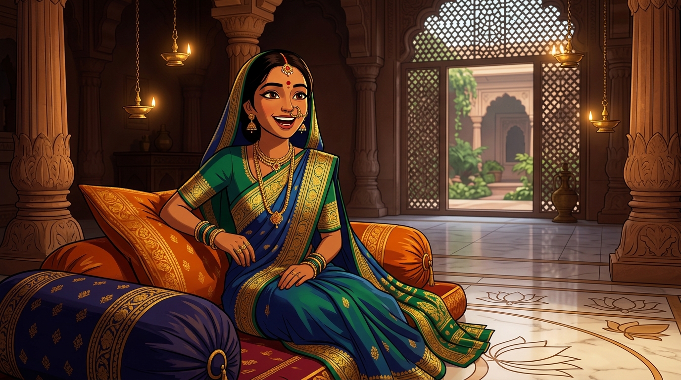Prabhavati sitting on the bolsters, laughing in admiration at the water displacement solution