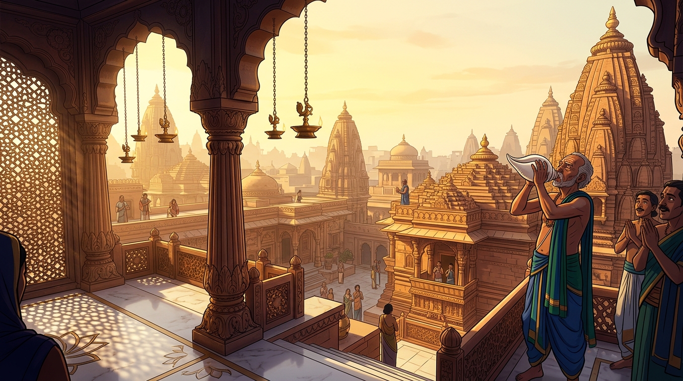 Golden dawn sunlight flooding across the Chandravati skyline as temple conches sound