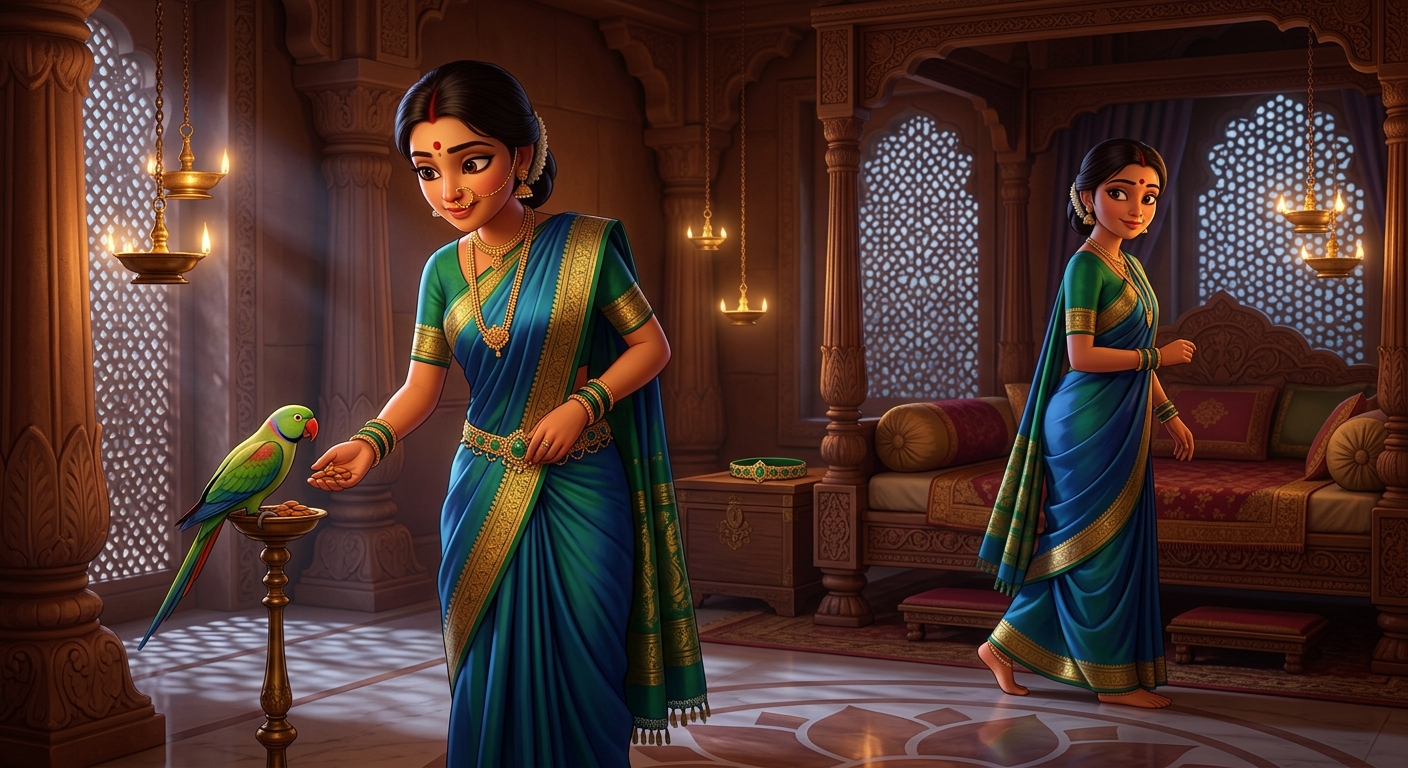 Prabhavati unclasps the emerald waistband, gives Shuka sweet almonds, retreats peacefully