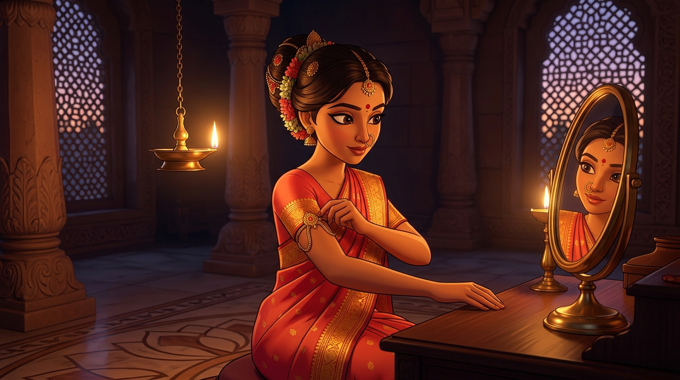 Prabhavati in coral-red and gold silk fastening the armlet by candlelight
