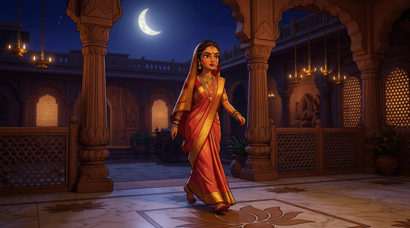 Prabhavati walking toward the courtyard gate with swift, confident steps under the moonlit sky