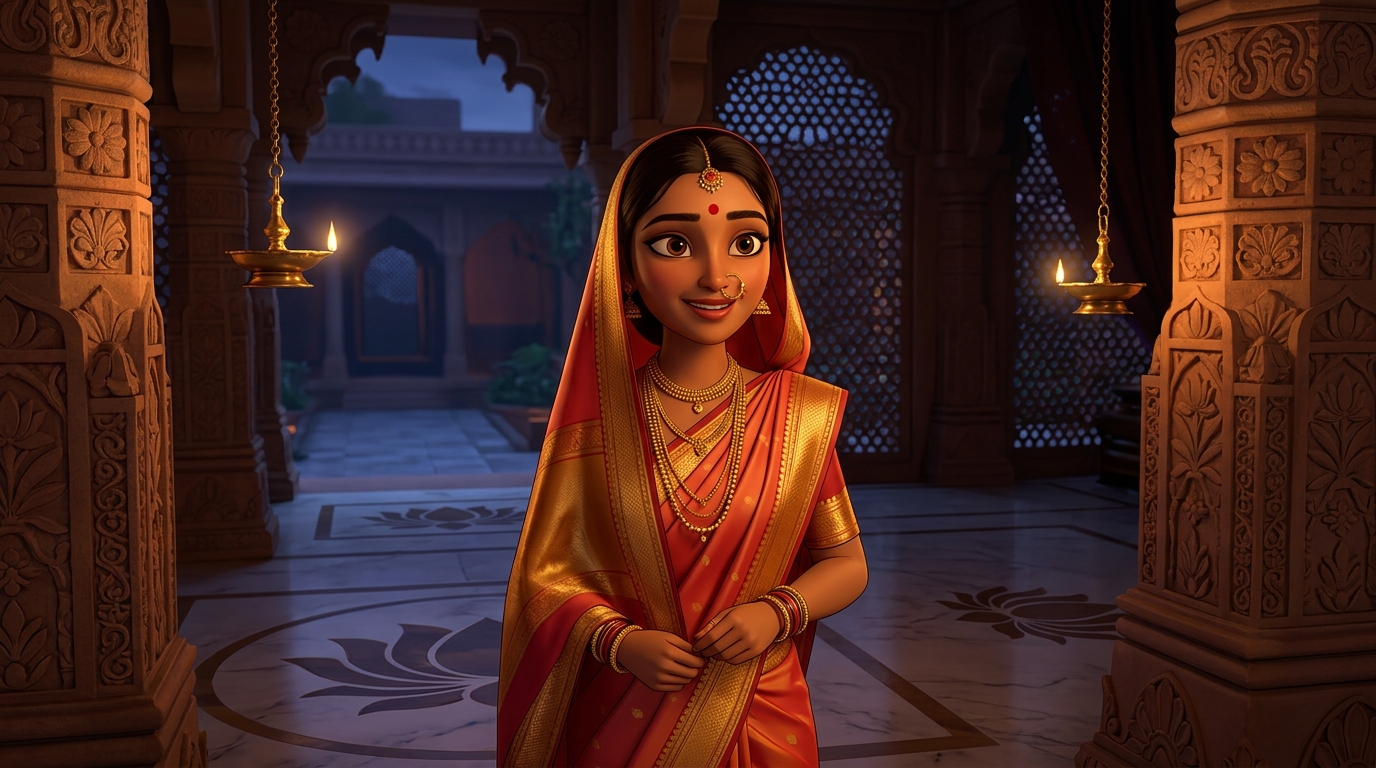 Prabhavati pausing on the doorstep with an amused smile