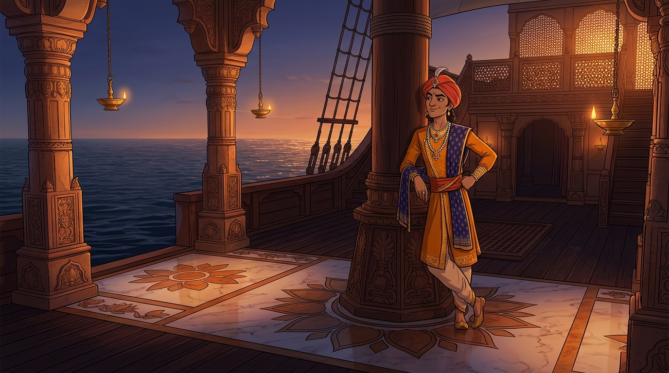 On the ocean deck of Samudra-Shobha, young merchant heir Ratnakara standing arrogantly