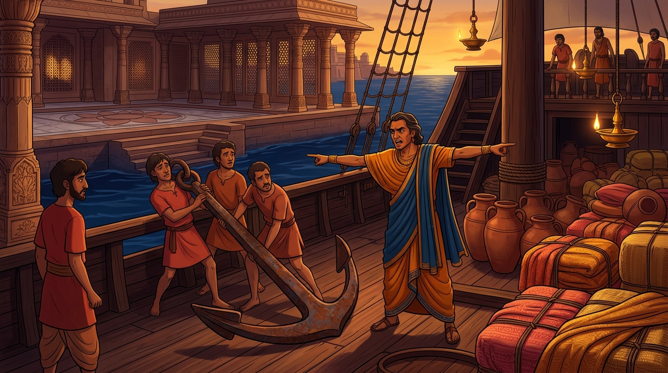 Ratnakara orders sailors to cast the massive rusted iron anchor overboard for luxury silks