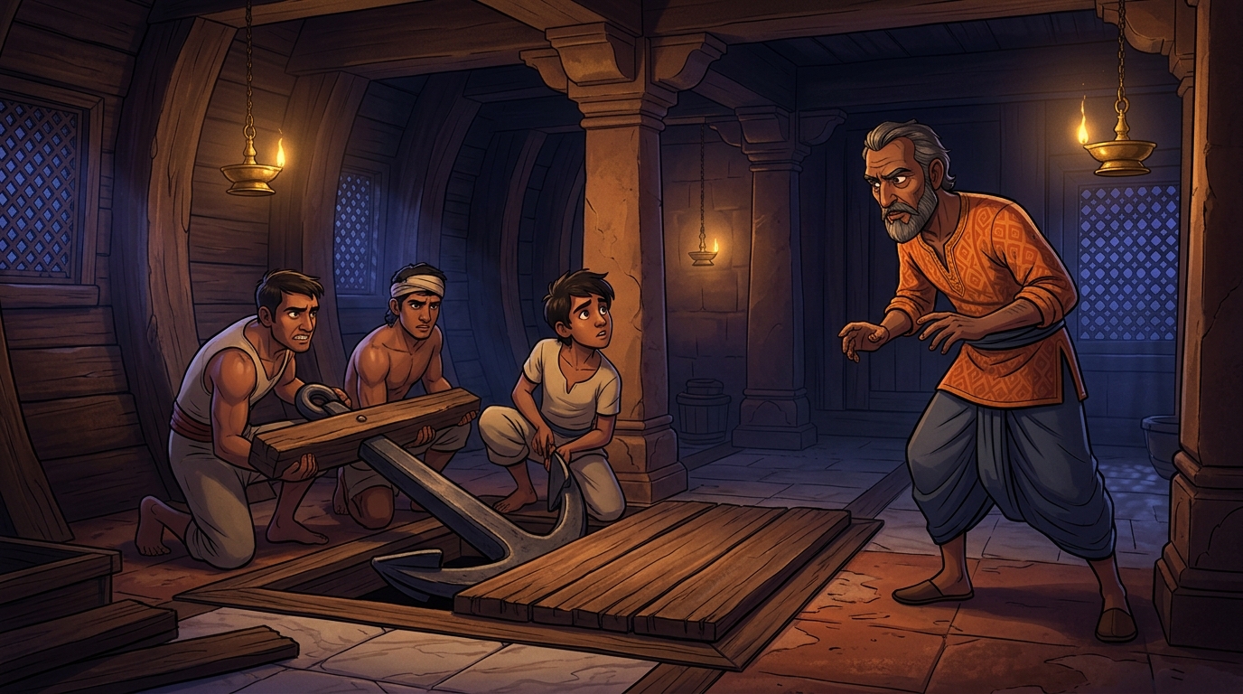 Captain Samudragupta secretly has sailors hide the heavy anchor safely in the ballast hold