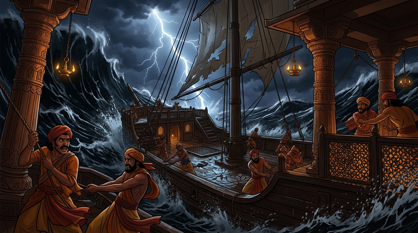 Midnight in the Arabian Sea, a ferocious monsoon typhoon strikes with towering black waves