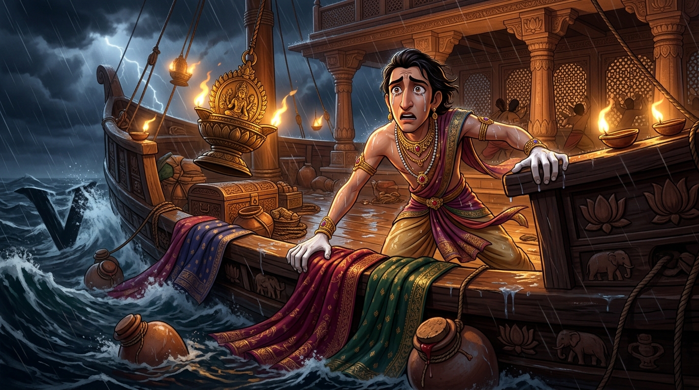 Arrogant heir Ratnakara weeps in terror as silks wash overboard into the stormy sea