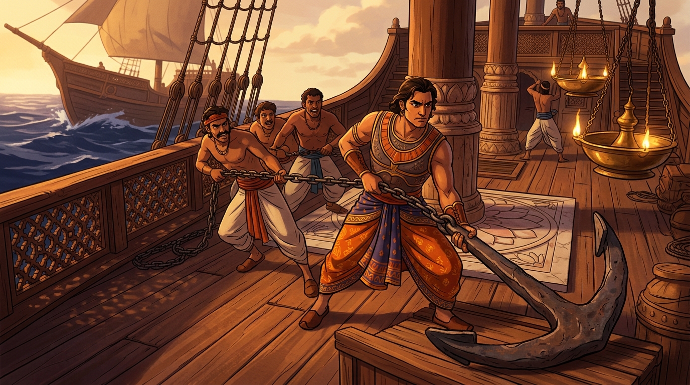 Captain Samudragupta drags out the hidden heavy iron anchor with thick forged chains