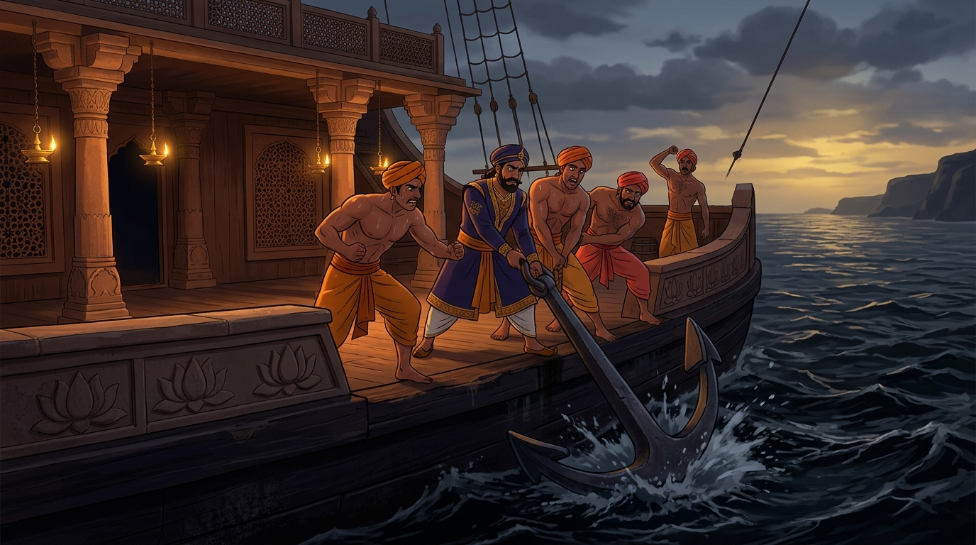 With a mighty heave, the sailors drop the colossal iron anchor into the churning depths
