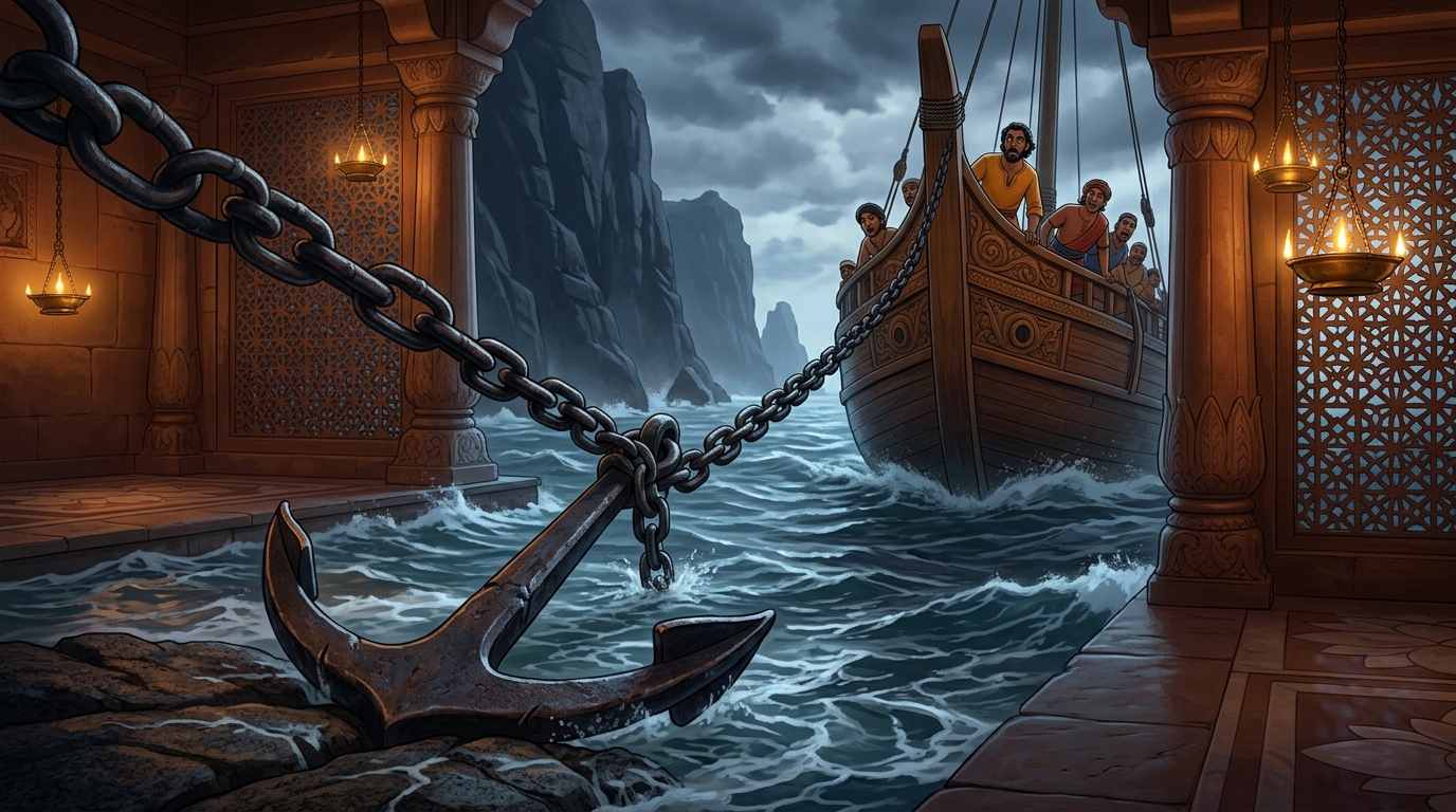 The heavy flukes bite deep into the seabed; the chain snaps taut, halting the ship