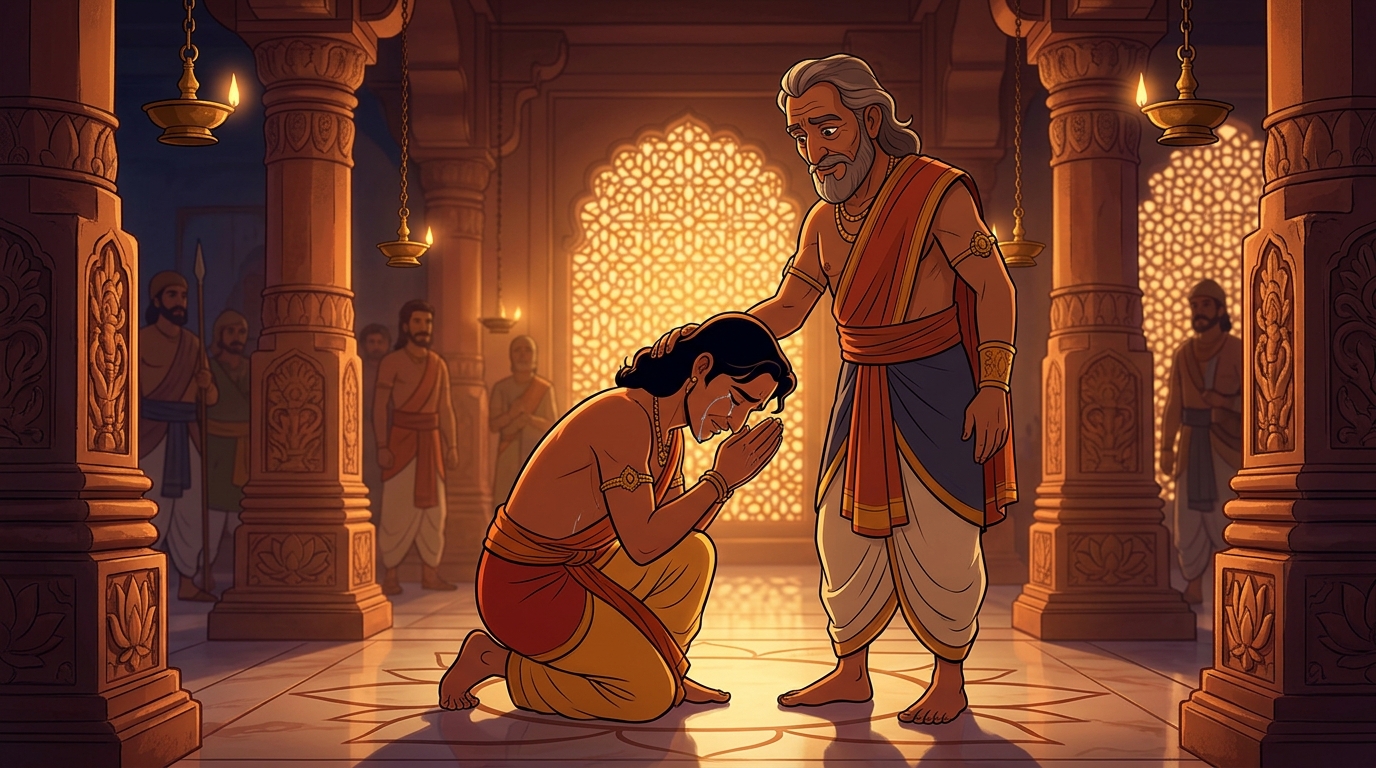 Weeping in gratitude, heir Ratnakara falls at Captain Samudragupta's feet
