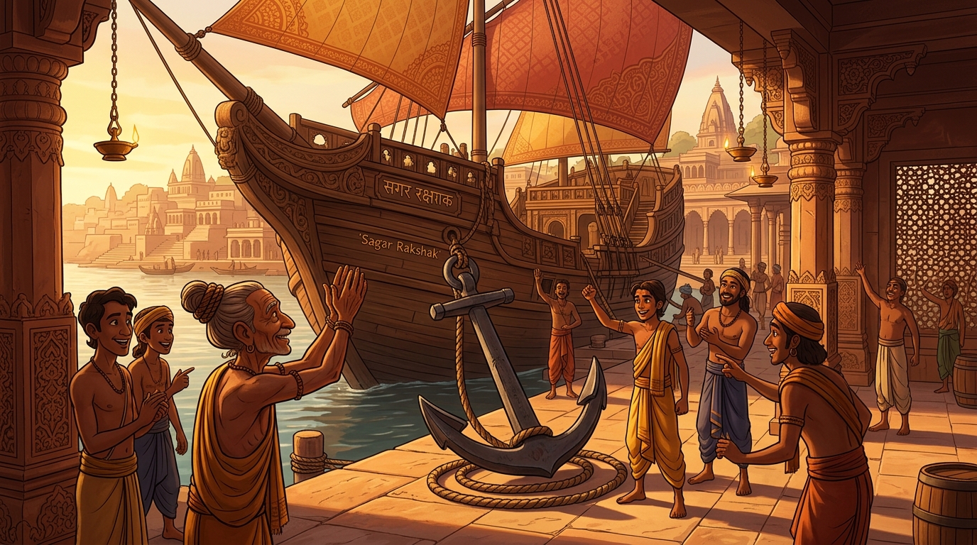 The ship sails safely into port, the iron anchor celebrated as symbol of steadfast dharma