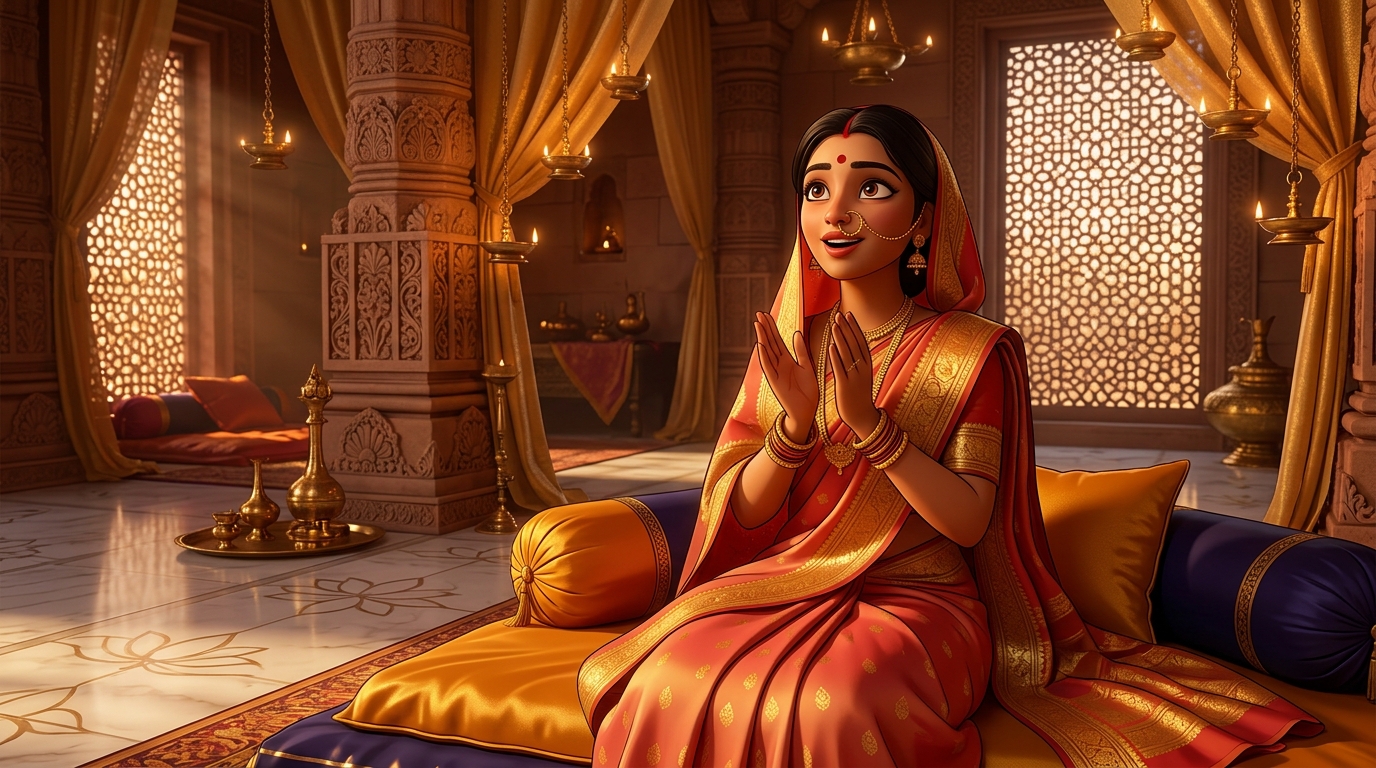 Prabhavati sitting on the silk cushions, clapping in wonder at the anchor parable