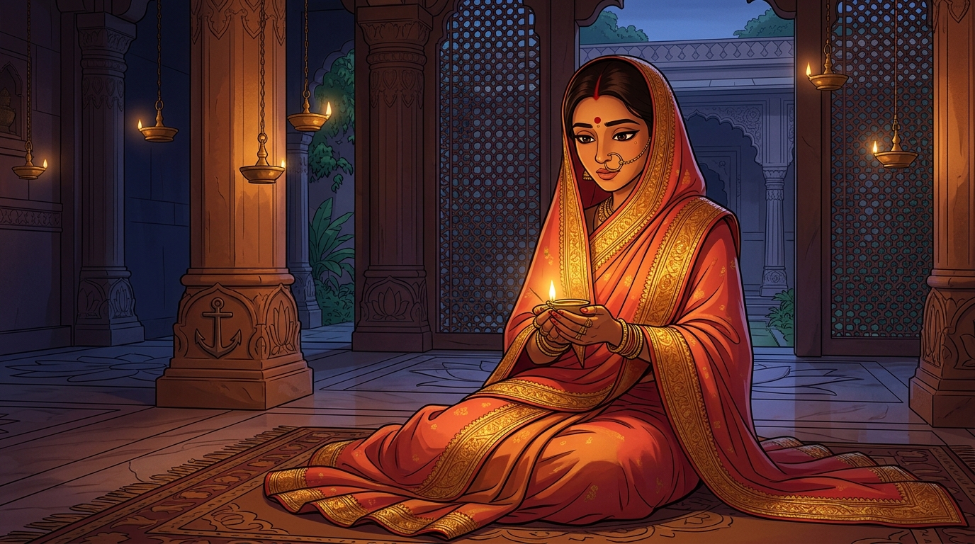 Prabhavati in deep contemplation, realizing devotion to her husband is her iron anchor