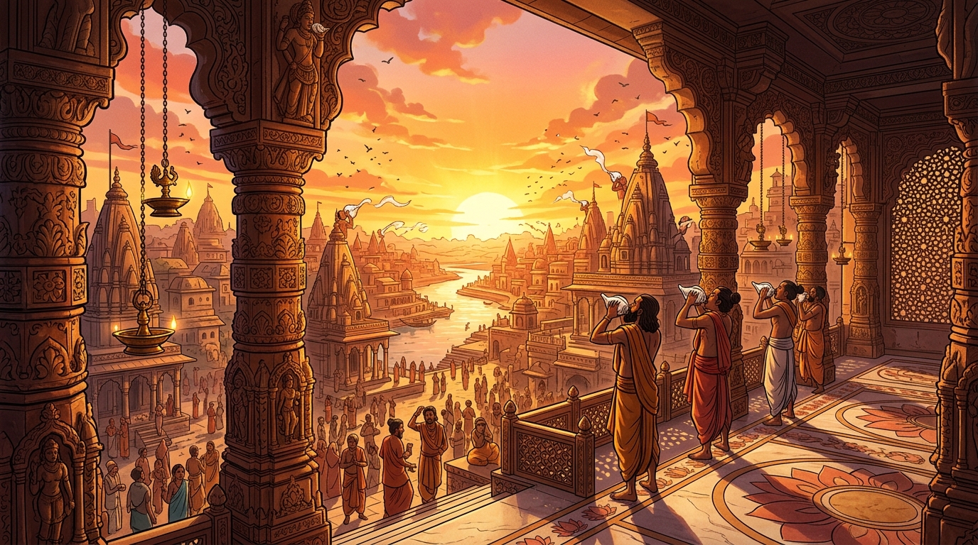 Golden dawn sunlight flooding across the sandstone arches as temple conches sound