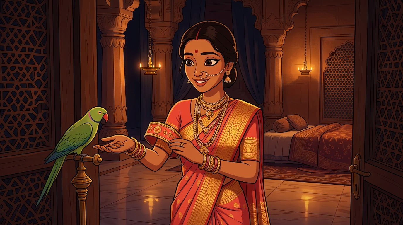 Prabhavati unclasps the coral armlet, hands Shuka sweet almonds, retreats peacefully