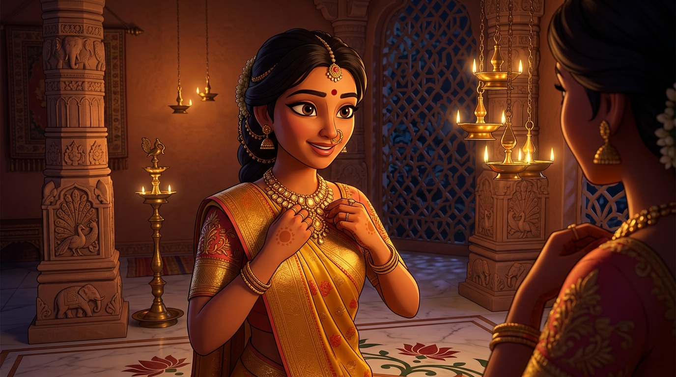 Prabhavati in golden-yellow silk fastening the topaz necklace by candlelight