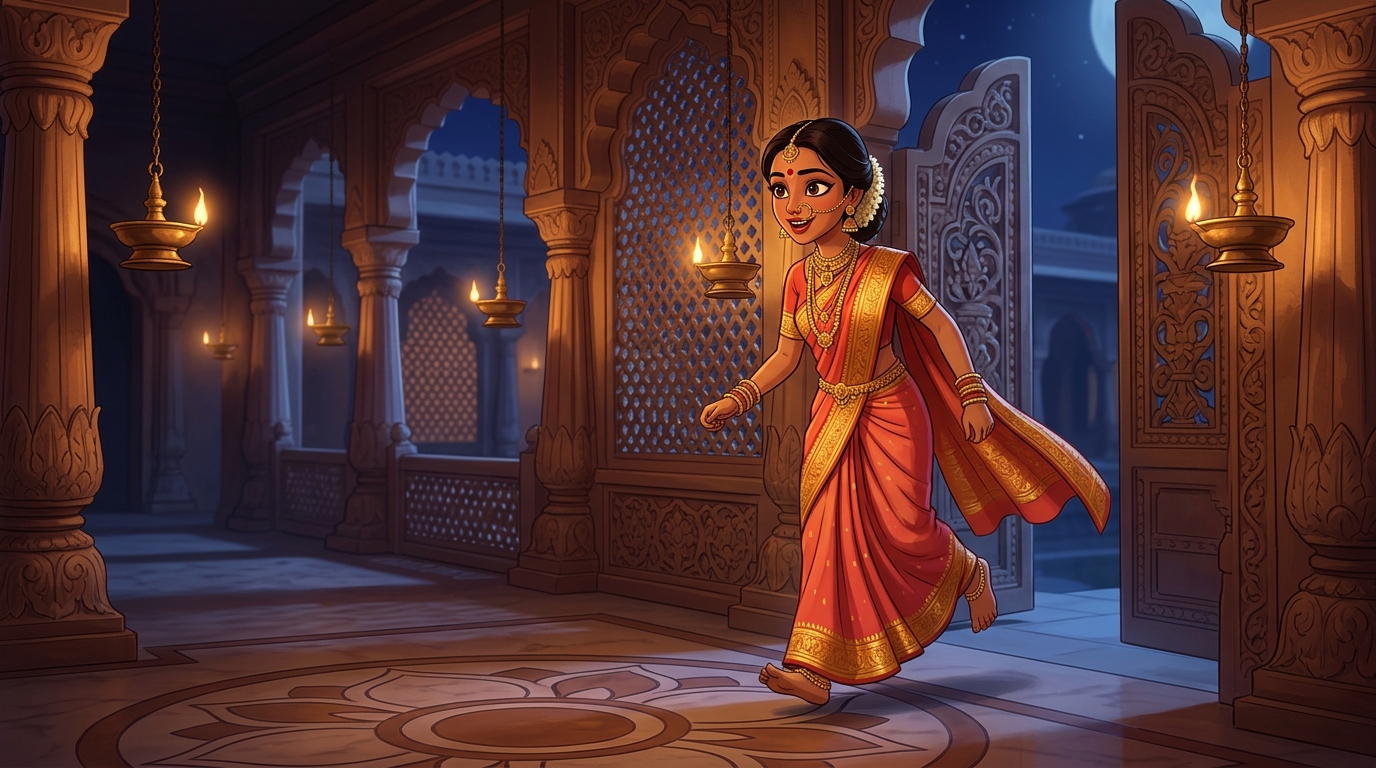 Prabhavati stepping toward the courtyard gate with swift, eager steps under the moonlit sky
