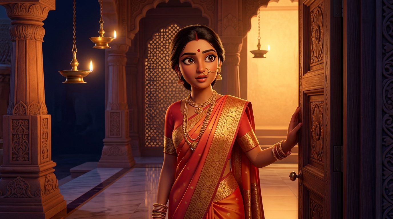 Prabhavati pausing on the doorstep with an amused smile