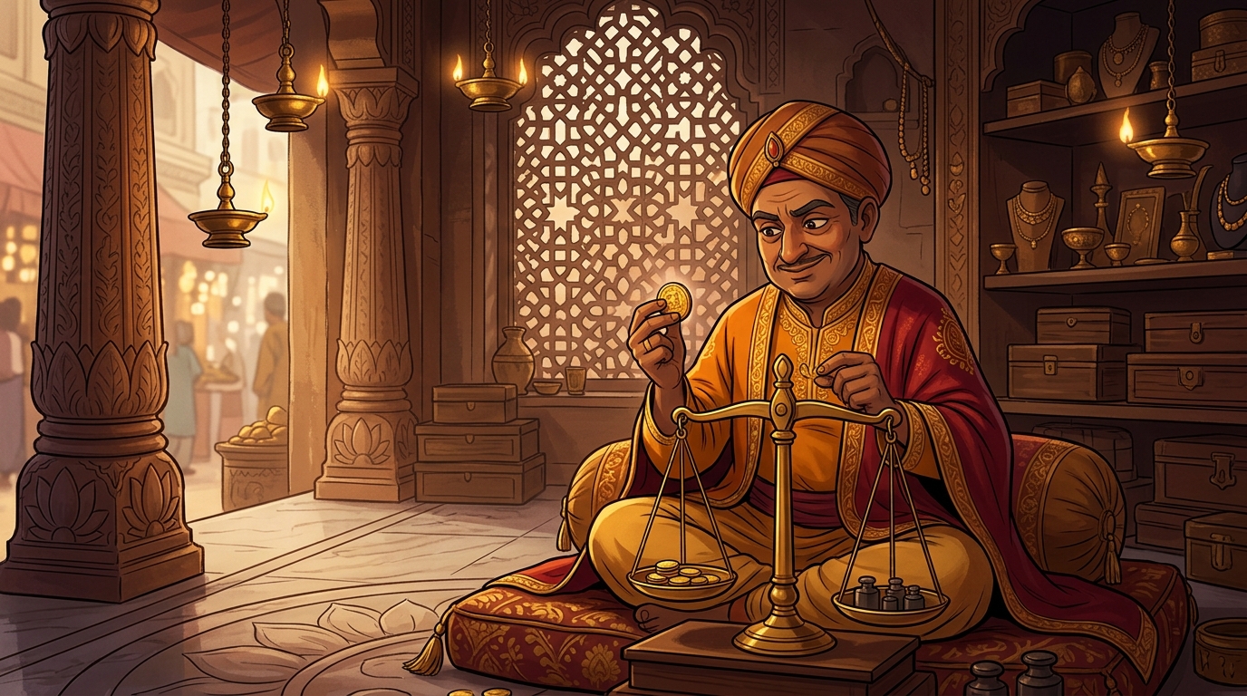In the gold bazaar of Mathura, dishonest goldsmith Swarnadasa weighs coins with brass scale