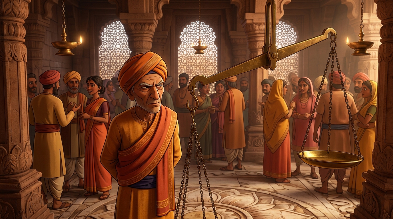 Master assayer Haridatta stands in the crowd with sharp eyes, observing the shifting balance
