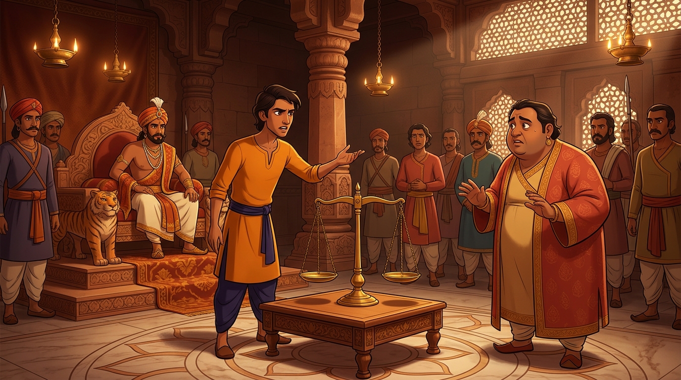 In court, Haridatta presents the disputed brass balance scale, accusing Swarnadasa of fraud