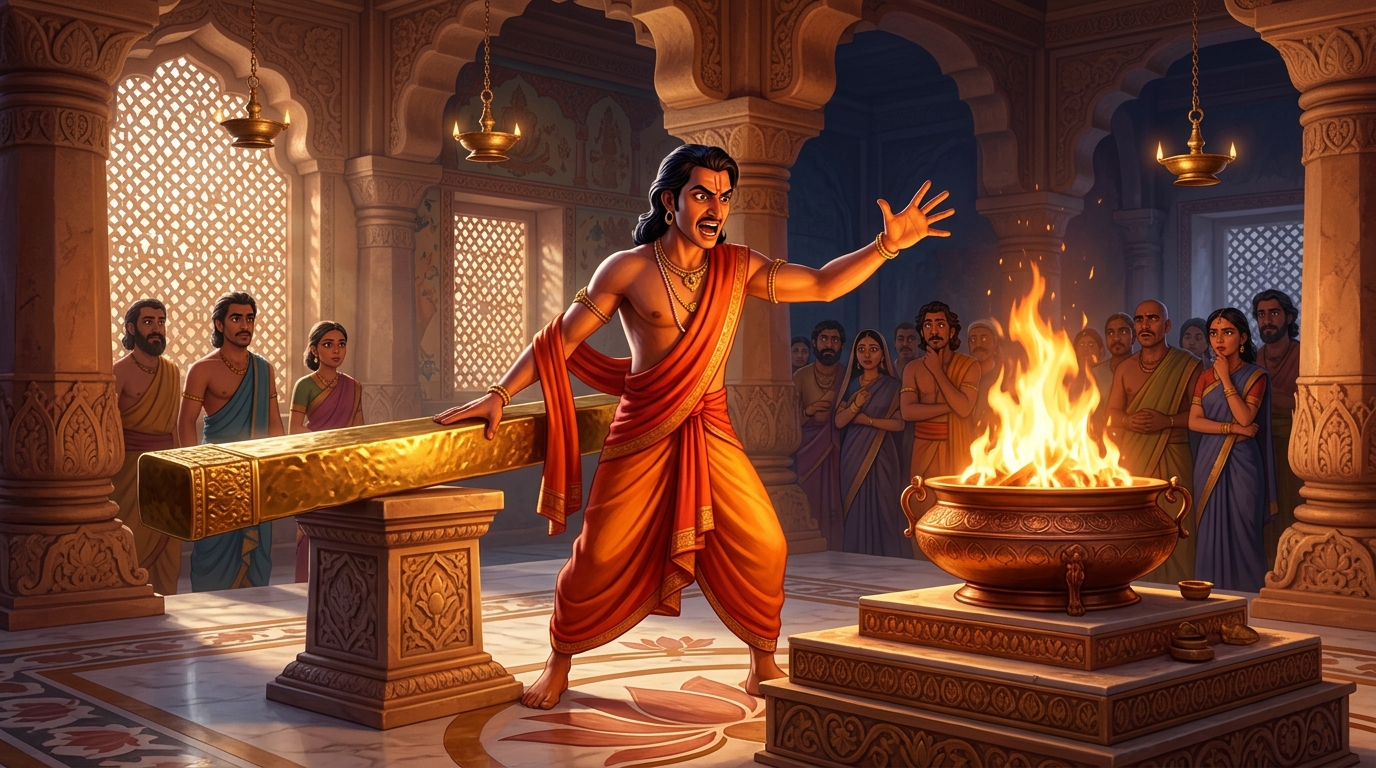 Swarnadasa theatrically swears upon sacred fire that the beam is 100% solid brass