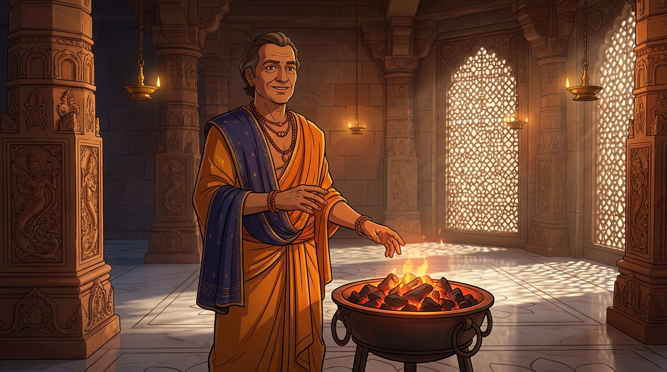 Haridatta smiles: 'If the brass is solid, fire will not alter it! Bring a charcoal brazier!'
