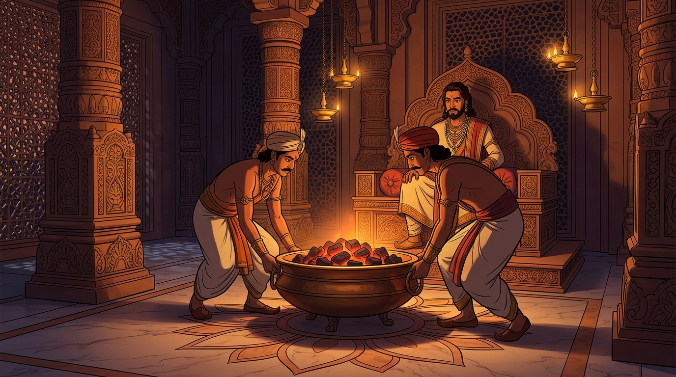 Guards place a bronze brazier filled with glowing red charcoal coals before the throne