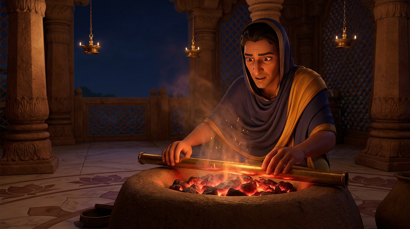 Haridatta lays the hollow brass balance beam directly across the glowing red coals