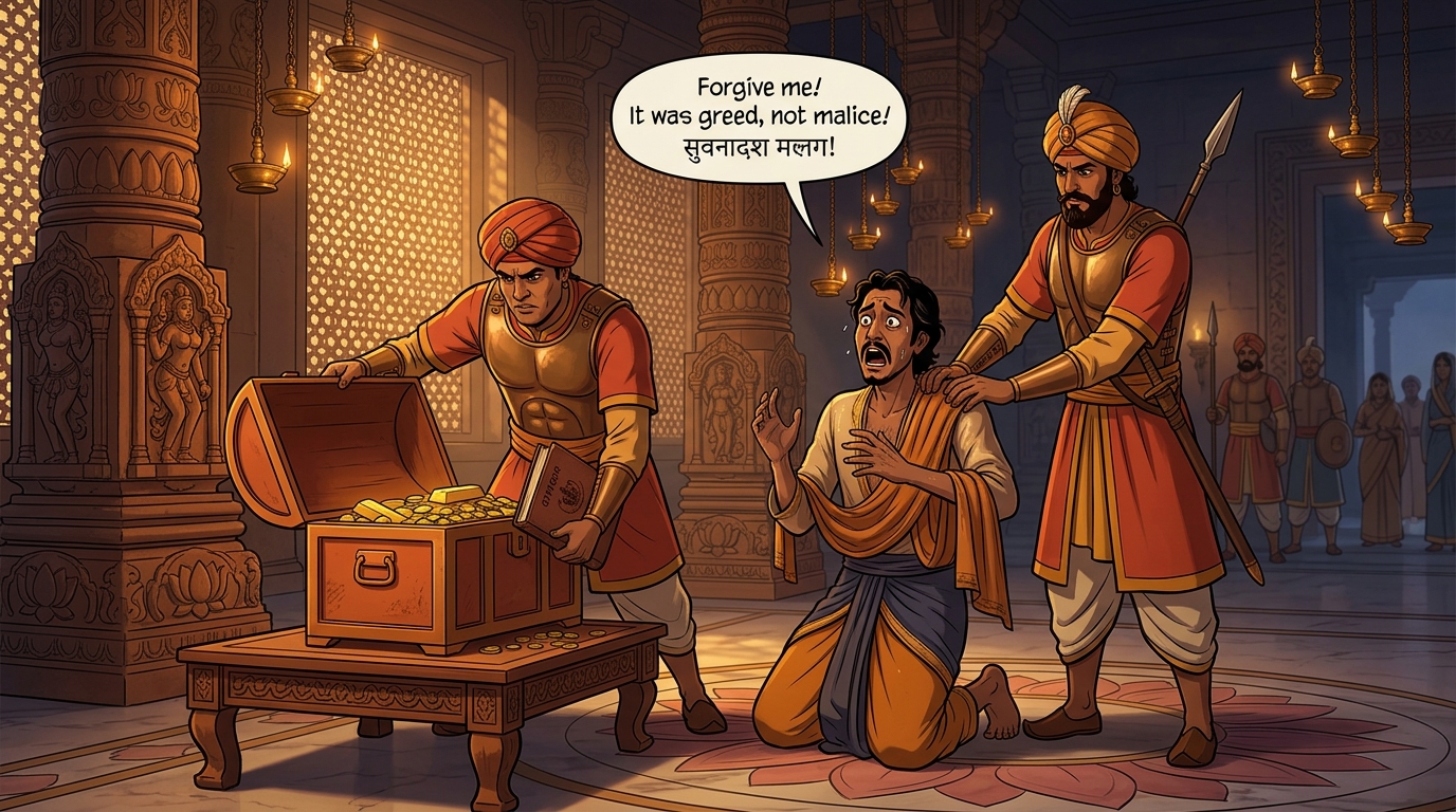Unmasked and trembling in terror, Swarnadasa falls to his knees, confessing his crimes