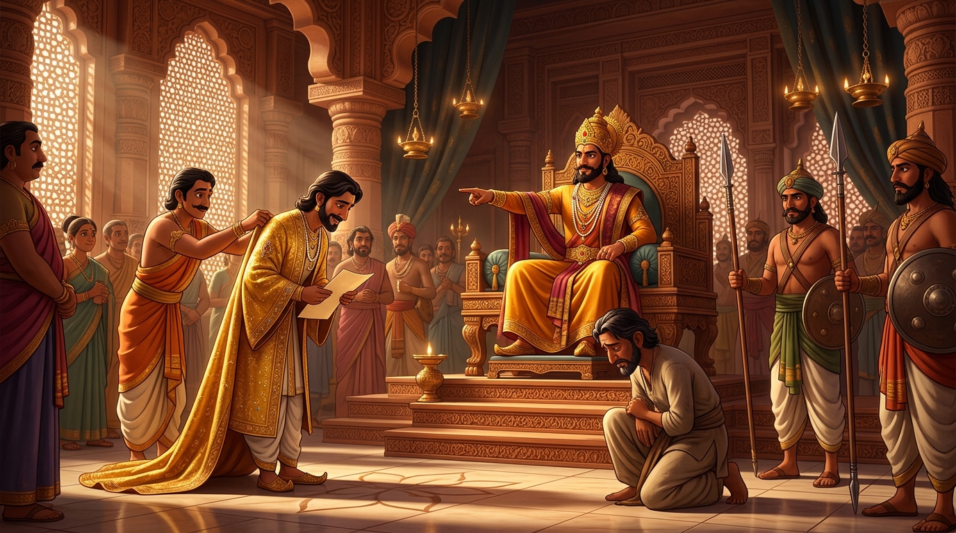 King sentences Swarnadasa to heavy fines and exile, rewarding Haridatta as Chief Assayer