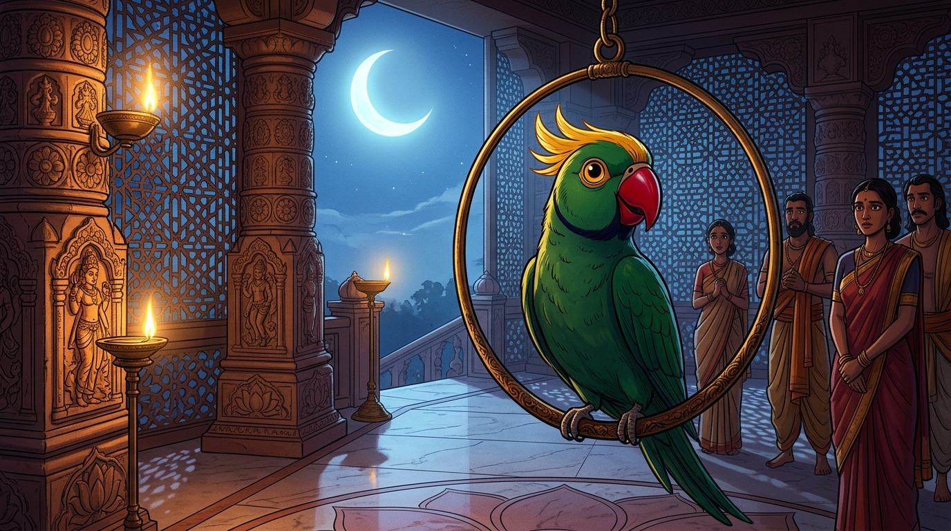Back on the veranda in Chandravati, Shuka concluding the tale with piercing moral clarity