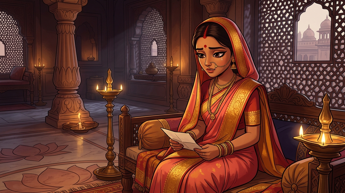 Prabhavati in deep contemplation, realizing suitors use shifting promises to mislead