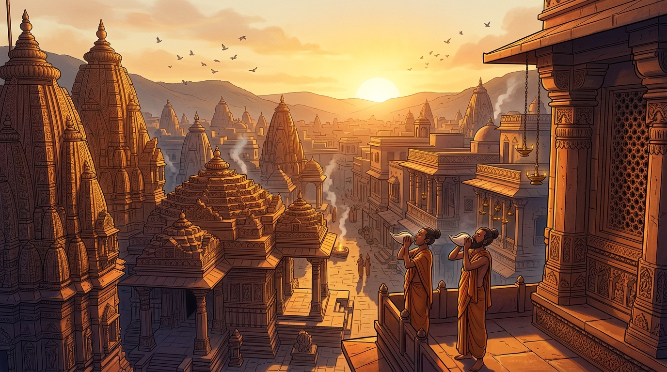 Golden dawn sunlight flooding across the Chandravati skyline as temple conches sound