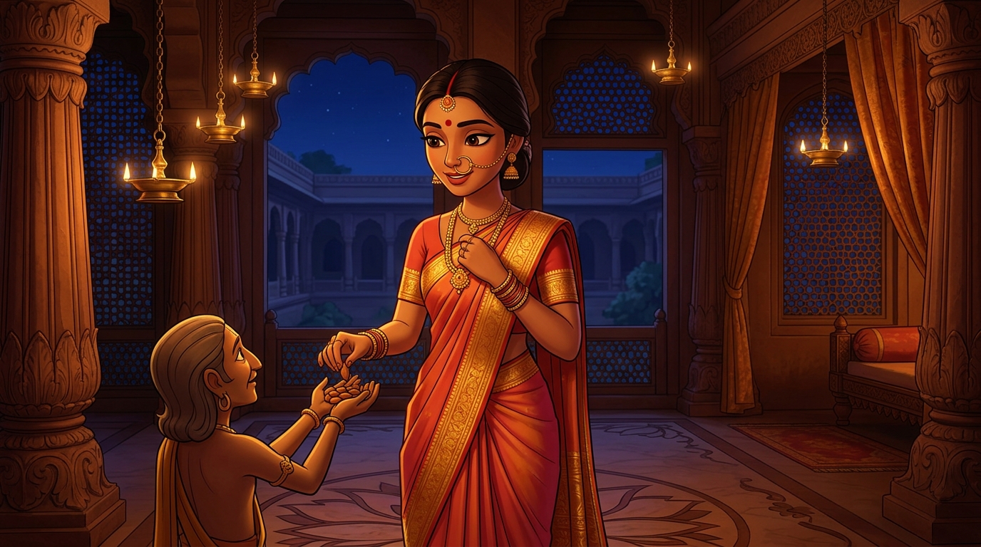 Prabhavati unclasps the topaz necklace, gives Shuka sweet almonds, retreats peacefully