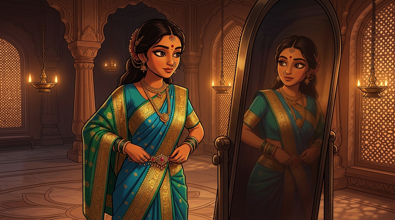 Prabhavati in turquoise-blue and gold silk fastening the waistband by candlelight