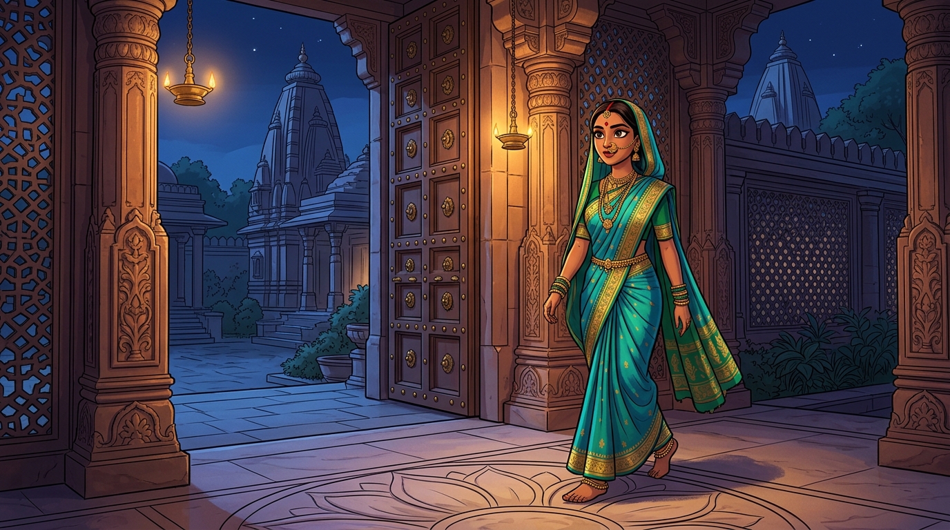Prabhavati walking toward the courtyard gate with swift, confident steps under the moonlit sky
