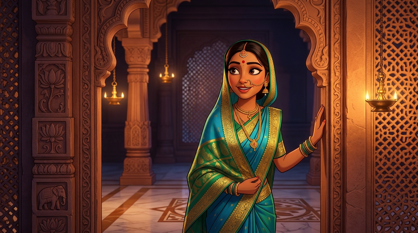 Prabhavati pausing on the doorstep with an amused smile