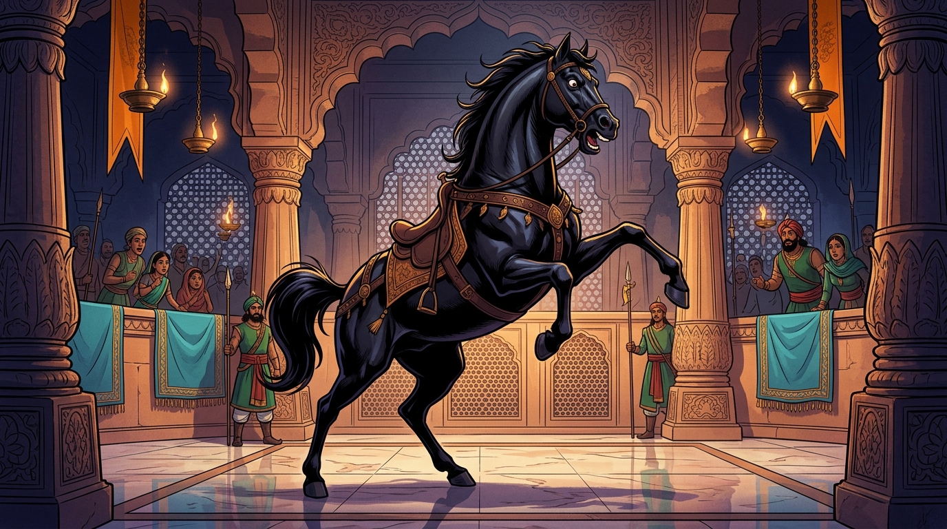 In the royal arena of Hastinapura, stallion Vajravega rearing up wildly in fury