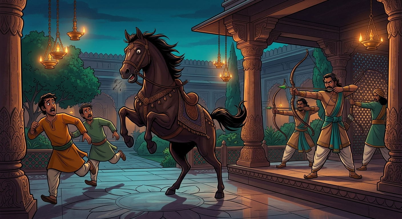 Royal archers prepare to shoot the horse with poisoned arrows on the King's death order